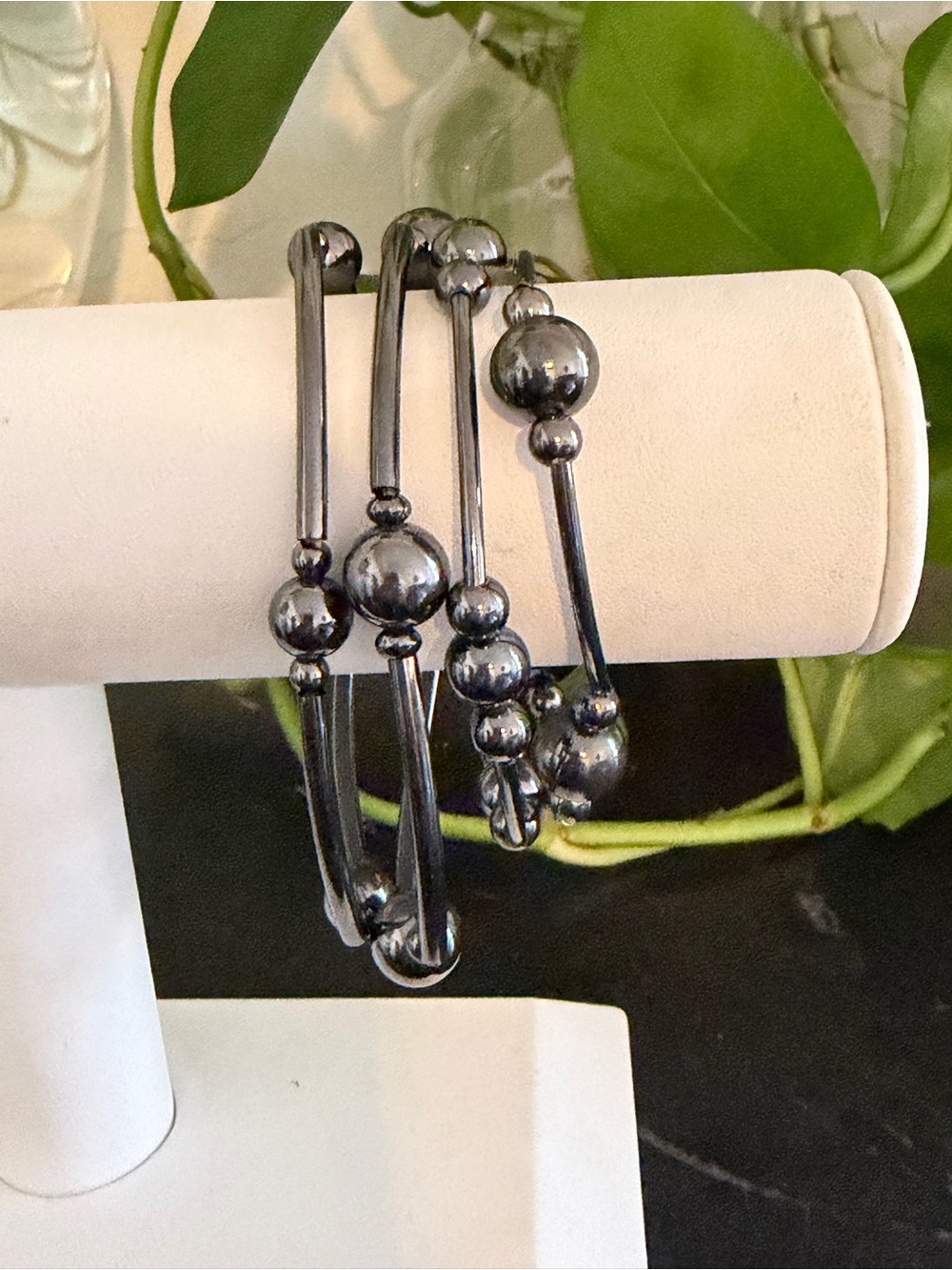 Vintage Shimmering Hematite Ball Beads & Pipe Beads Bangle Bracelet Set 4